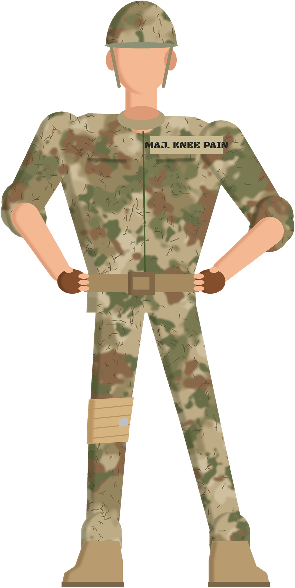 Maj. Knee Pain mascot standing in OCP camo