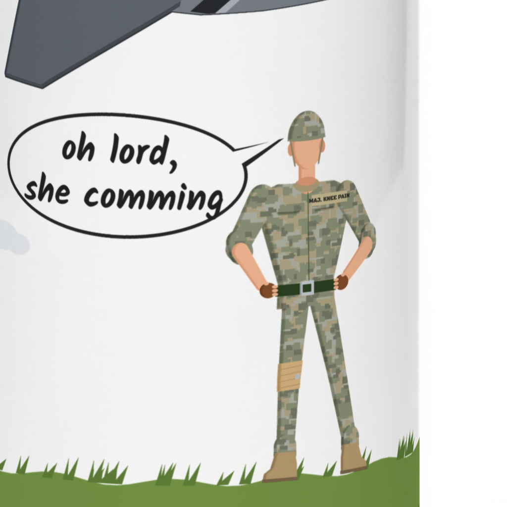 Oh Lord She Coming fighter jet 32 oz white insulated water bottle - close-up of the printed design