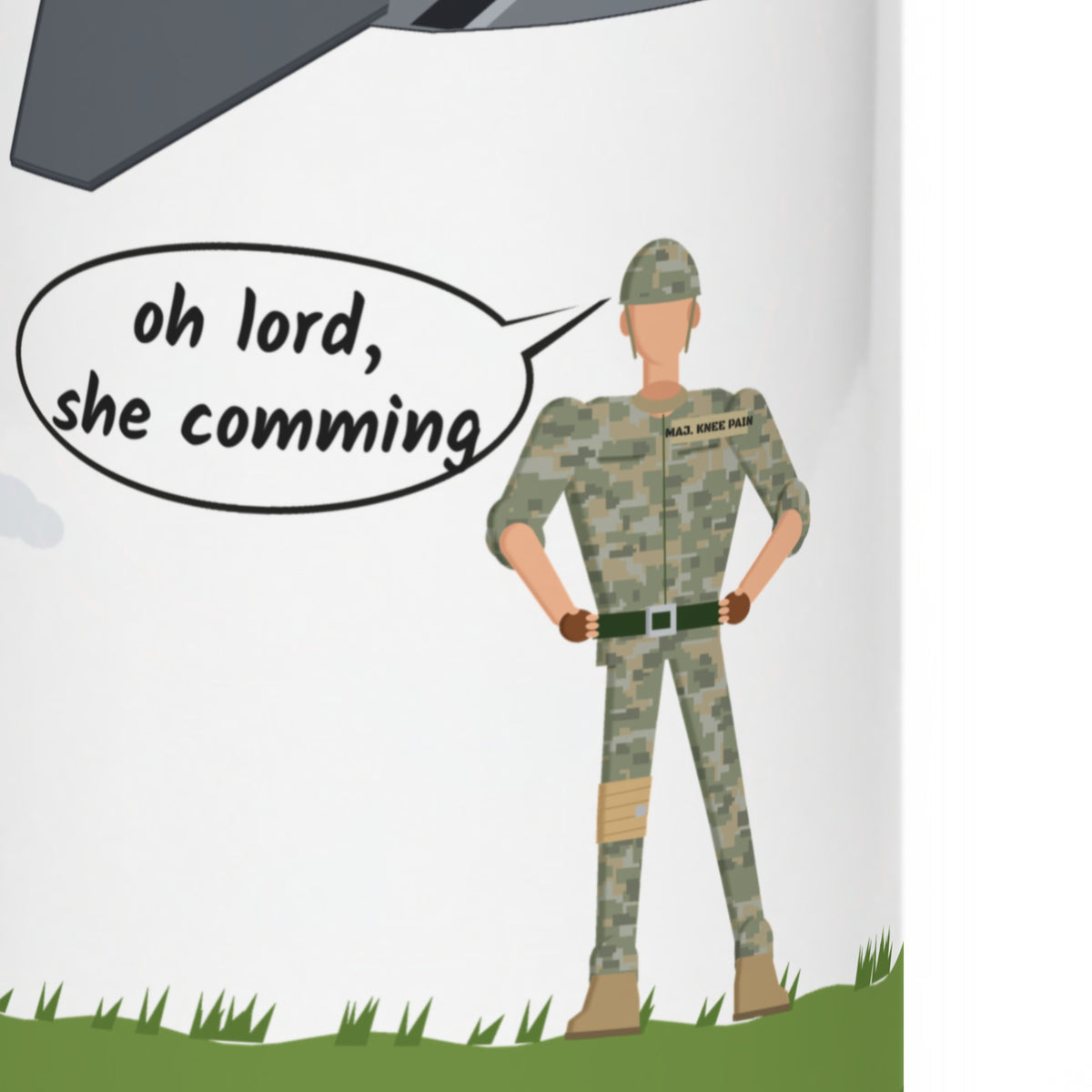Oh Lord She Coming fighter jet 32 oz white insulated water bottle - close-up of the printed design