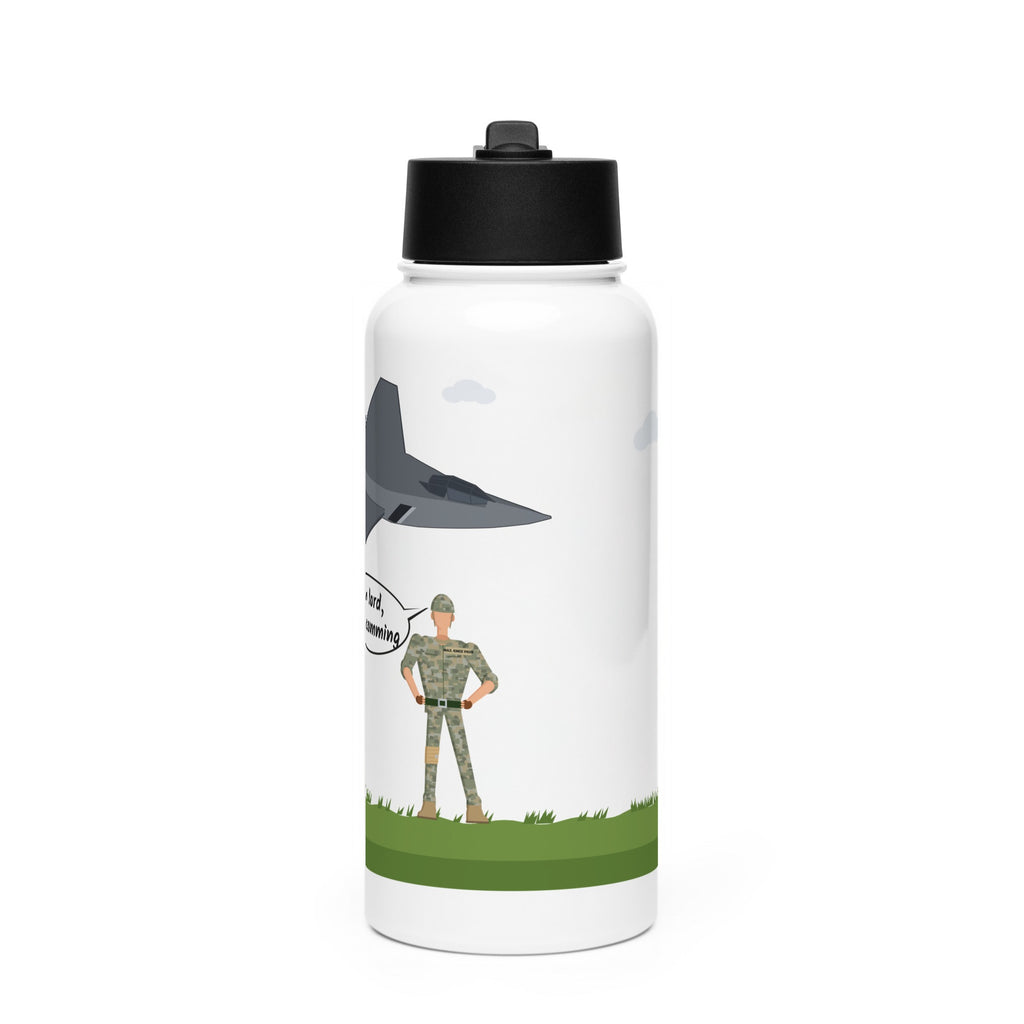 Oh Lord She Coming fighter jet 32 oz white insulated water bottle - three-quarter view of the jet and soldier