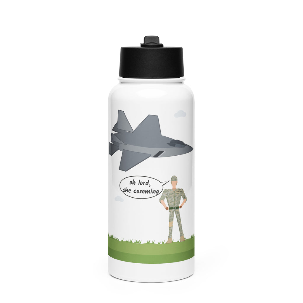 Oh Lord She Coming Fighter Jet Water Bottle – 32 oz white insulated bottle, front view